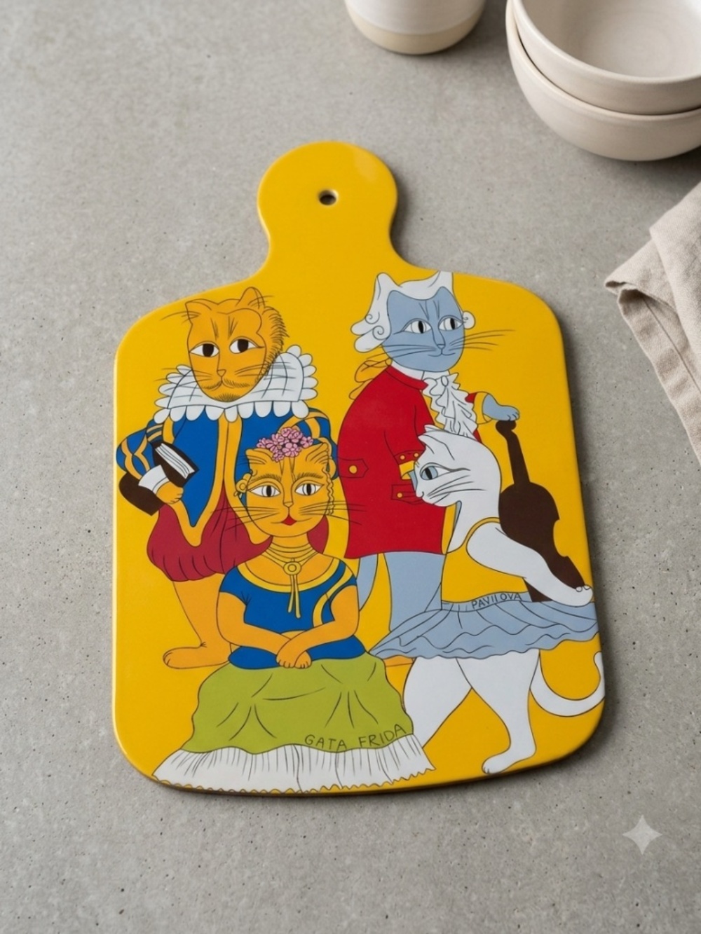 Whimsical Artistic Cats Yellow Plastic Cutting Board - Gata Frida & Paulova
